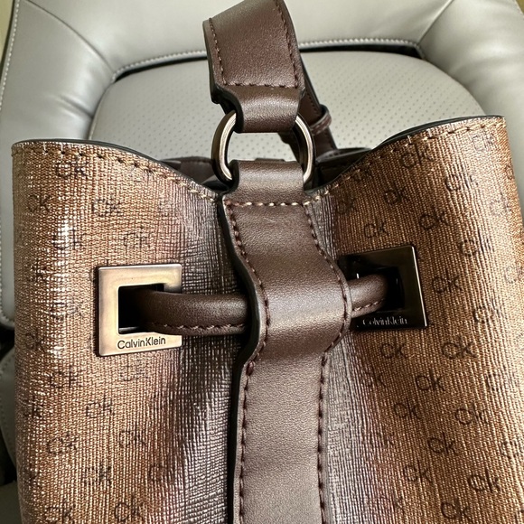 Calvin Klein Coated Canvas w/Leather Bucket CrossbodyBag, Brown/Tan Color - Picture 7 of 13
